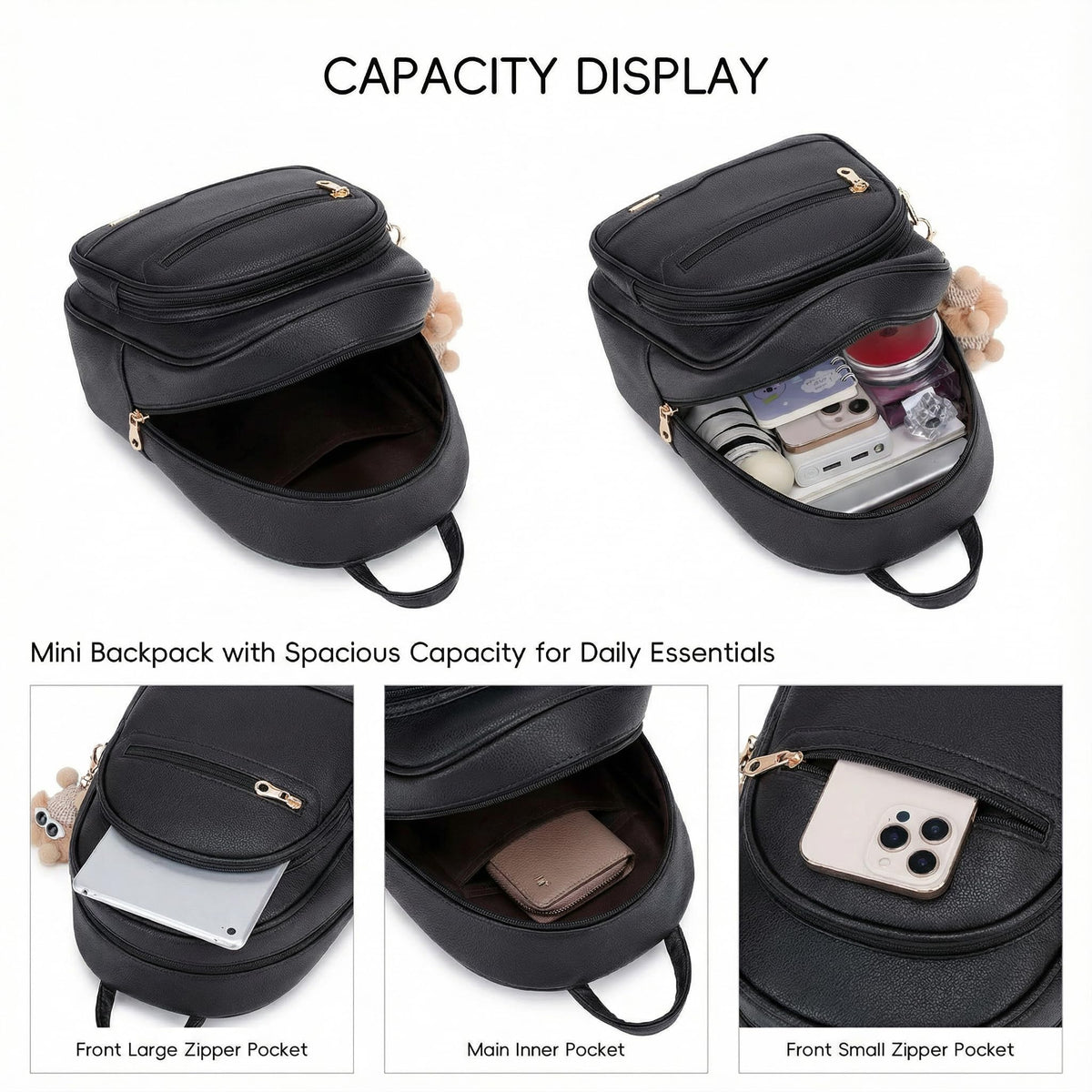BAGOK Mini Leather Backpack Purse for Women, Small Backpack Purse with Cartoon Charm, Cute Fashion Bag for Girls