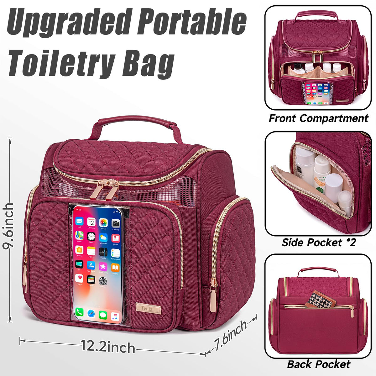 Tealari Large Toiletry Bag for Women Men,Bathroom Bag,Water Resistant Shower Bag,Makeup Bag,Portable Shower Caddy for College Dorm,Hanging Travel Toiletry Bag with Transparent Waterproof Phone Pocket