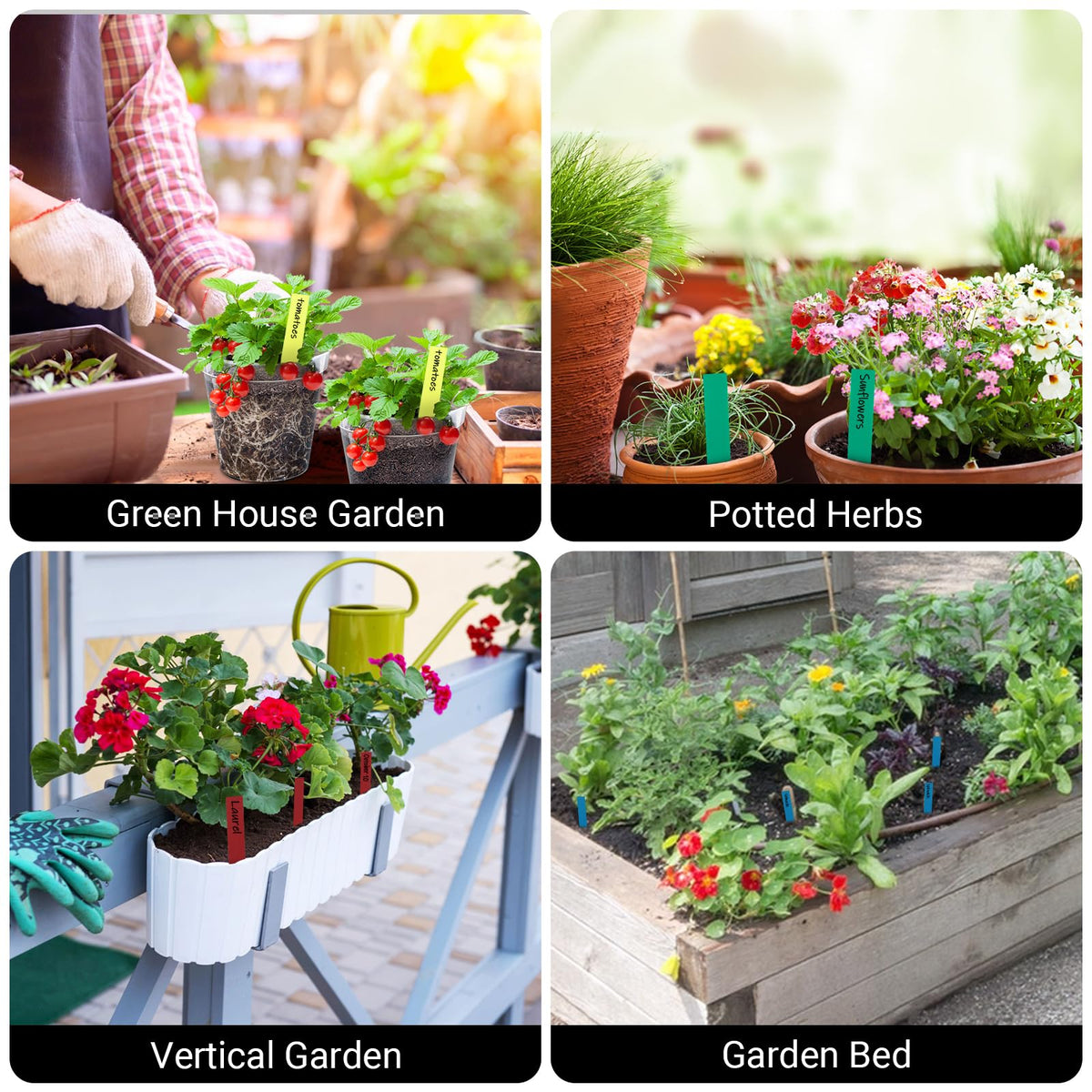 GREANER Window Boxes Planters with 4inch Colorful Plant Label, 3PCS 16x3.8 Inch Black Rectangle Planters Box with Drainage Holes and Trays, Herb Succulents Flowers Plastic Pot for Windowsill, Garden,
