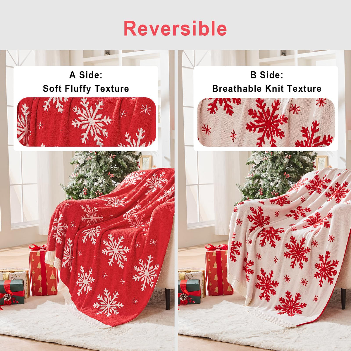Douceur Christmas Snowflake Throw Blanket, Ultra Soft Red Fluffy Festival Blanket, Reversible Cozy Decorative Blanket for Bed Couch Sofa, Super Soft Indoor Living Room Plush Throws, 60"X80"
