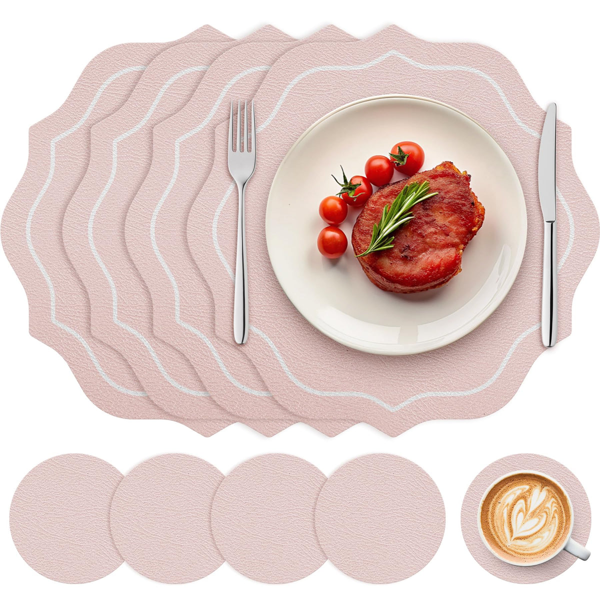 Set of 4 Spring Round Vinyl Placemats with Coasters 12" Scalloped Pink Faux Leather Placemats Waterproof Placemat Wipeable Heat Resistant for 7-10" Plates for Wedding Party Dining Table Decor