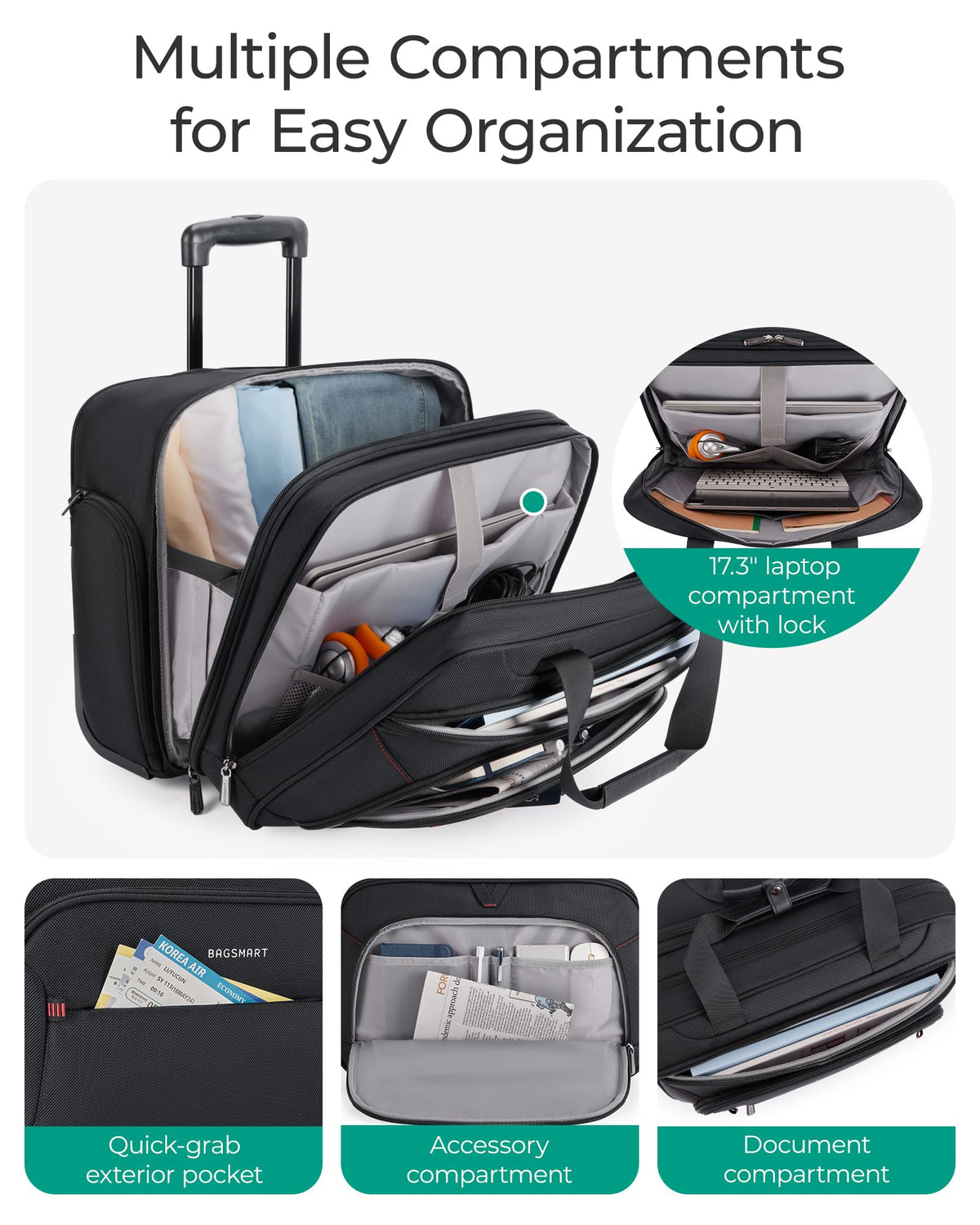 BAGSMART Rolling Laptop Bag, Briefcase with Wheels Fits 17.3 Inch Laptop, Computer Overnight Rolling Bag with TSA Lock for Travel/Men/Women, Black