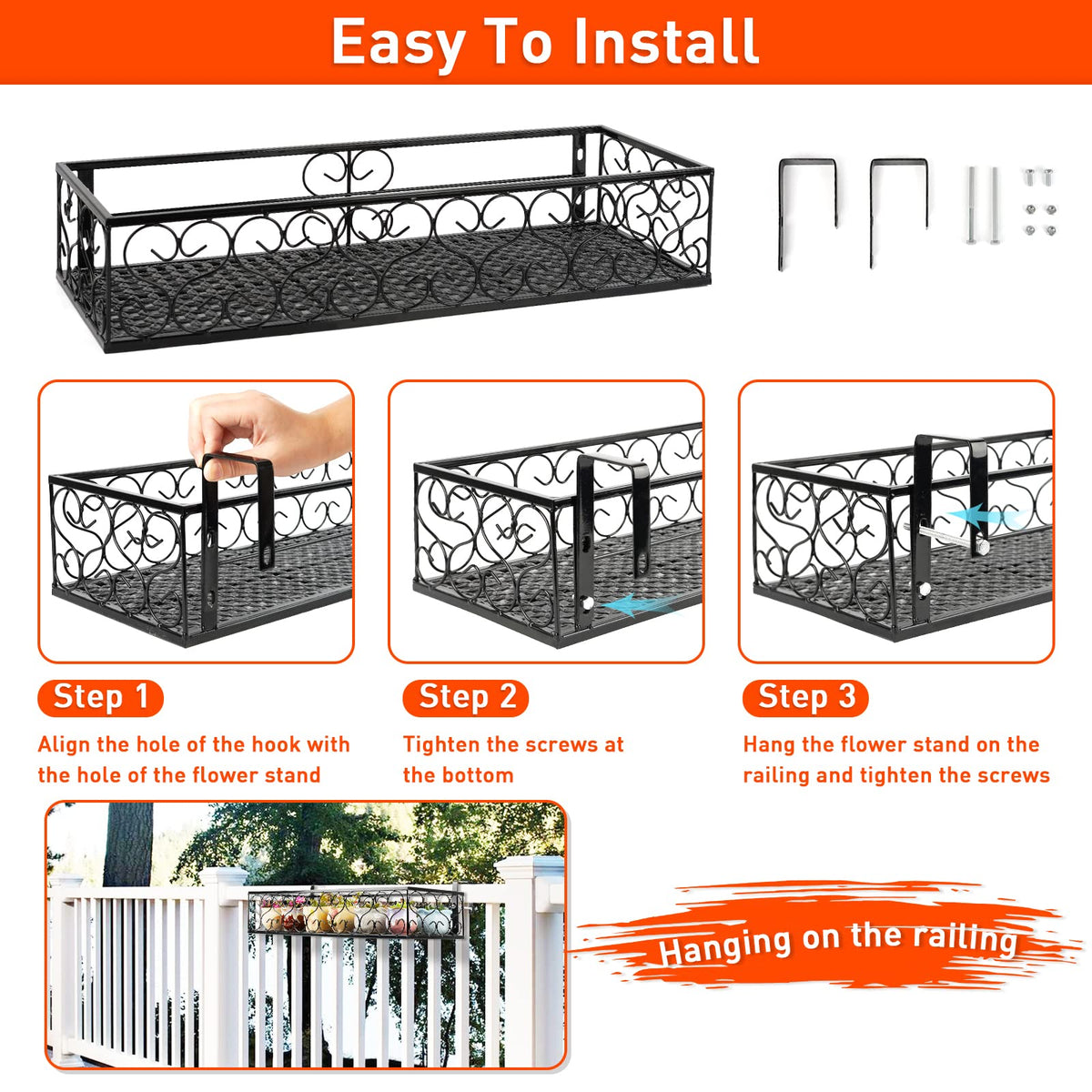 Fitlyiee Balcony Flower Pot Stand Rack Patio Railing Shelf Plant Pots Holder Windows decorate (L, Black)