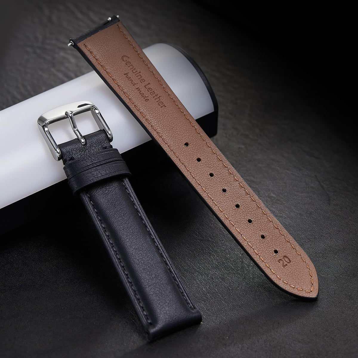 Afany Leather Watch Band 22mm for Men and Women, Quick Release Watch Strap, Black Replacement Watchband