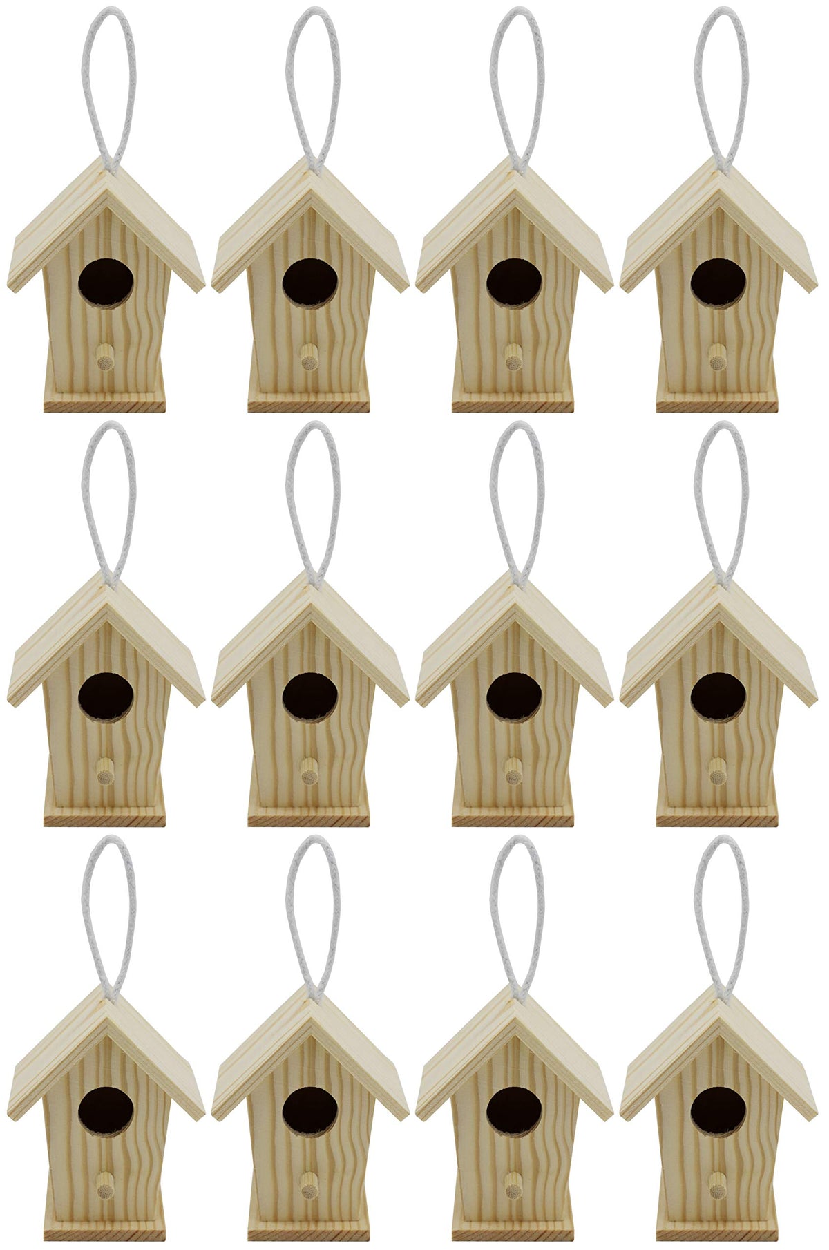 Creative Hobbies 12-Pack of Mini Wooden Bird Houses to Paint, with Hanging Cords, Unfinished DIY Design Your Own Great for Crafts, Weddings, Bible Camp and More!