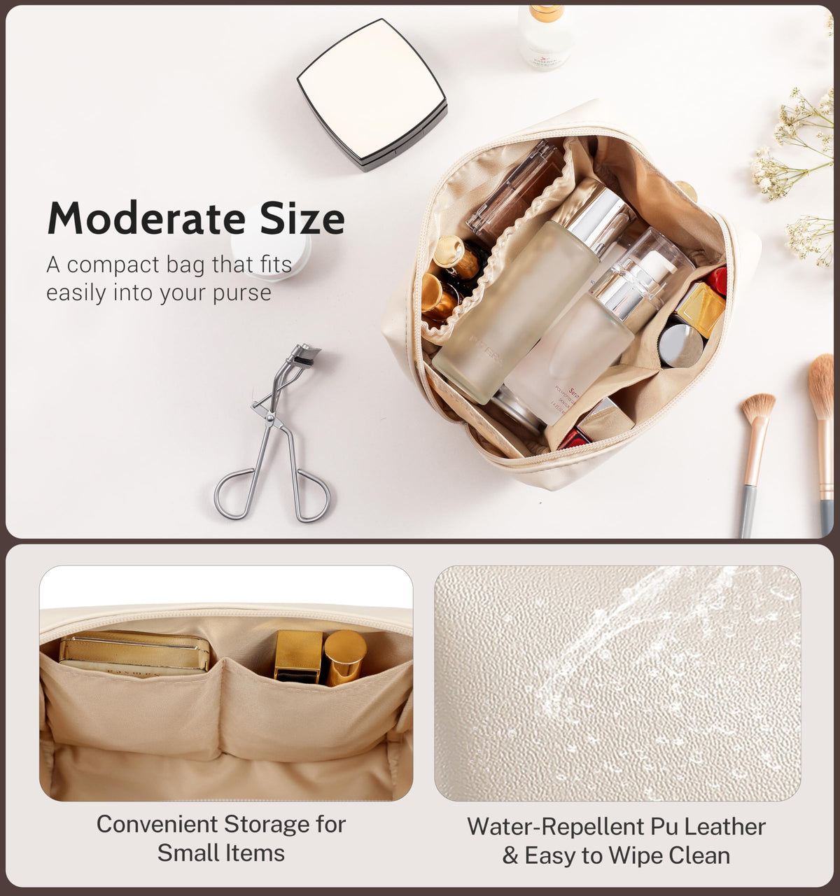Aveniee Travel Makeup Bag Small, Vegan Leather Cosmetic Pouch for Purse, Wide-open Toiletry Organizer with Dividers & Zipper for Women-Beige