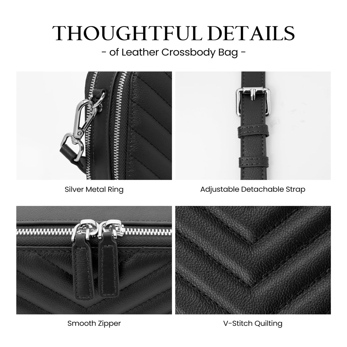 befen Quilted Genuine Leather Crossbody Bags for Women, Purses with Built in RFID Wallet, Woman Camera Shoulder Bag Handbags, Black Crossbody Purses with Adjustable Strap