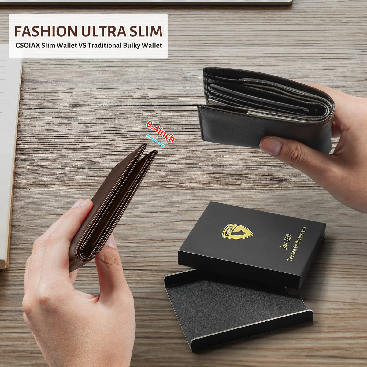 GSOIAX Slim Leather RFID Bifold Wallet for Men Minimalist Front Pocket Wallet with Money Clip,12 Card Slots,ID Window,Cool Groove Design,Includes Gift Box (Leather Brown)