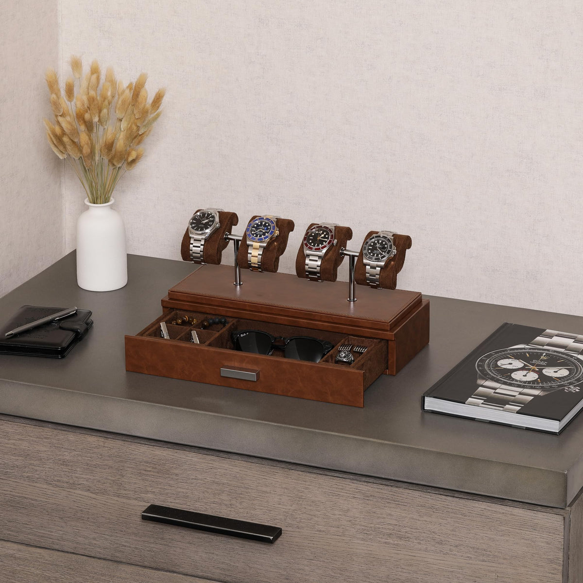 ROTHWELL Luxury Watch Display Case for 4 Watches – Leather Watch Box with Acrylic Cover and Removable Slide in Cushions – Accessory Drawer with Multiple Configurations (Tan/Brown)