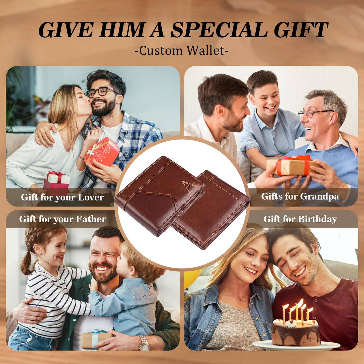 MirthfulMemento Custom Wallets for Men - Personalized RFID Genuine Leather Wallet for Men Engraved Name & initial Wallet, Dad Gifts for Fathers Day (Brown)