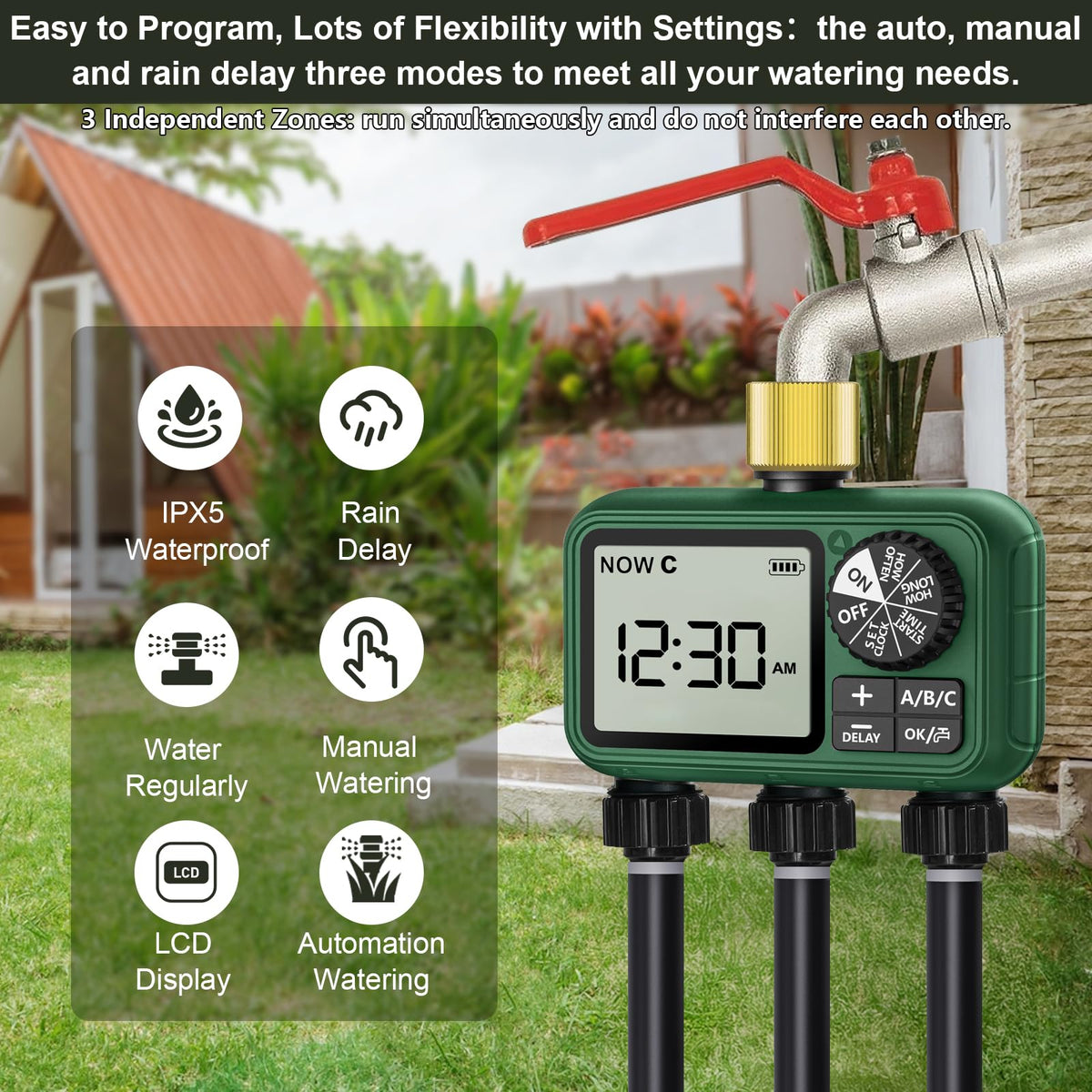 XinFuture Water Timer for Outdoor Garden Hose, Sprinkler Timer for Garden Faucet with Auto/Manual/Rain Delay Mode, Sprinkler Irrigation Controller for Yard Lawn (3 Zones Brass Inlet)