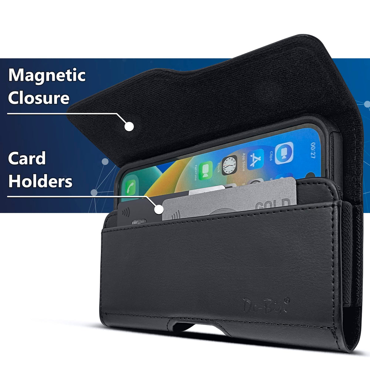 DeBin Cell Phone Belt Case Compatible with Samsung Galaxy Ultra Models (S25 S24 S23 S22 S21), A54/A53/A25/A15, Premium Leather, Magnetic Flap Holster & ID Card Pouch Holder, Black