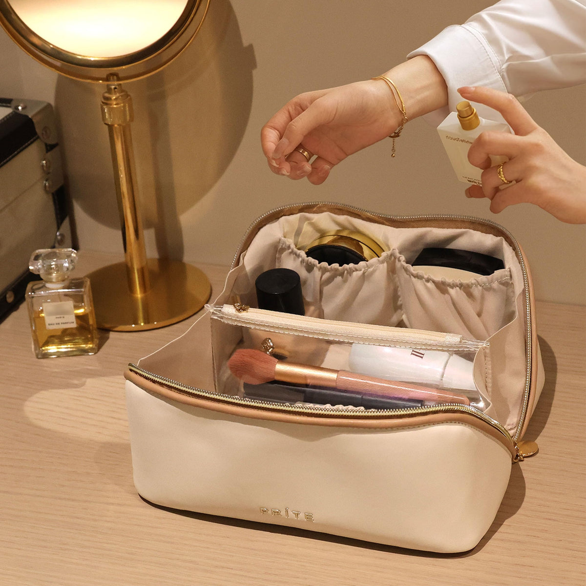 Prite Makeup Bag for Women Travel Waterproof Vegan Leather Cosmetic Bag Open Flat Toiletry Bag With Clear Divider and Handle (Beige, Medium)
