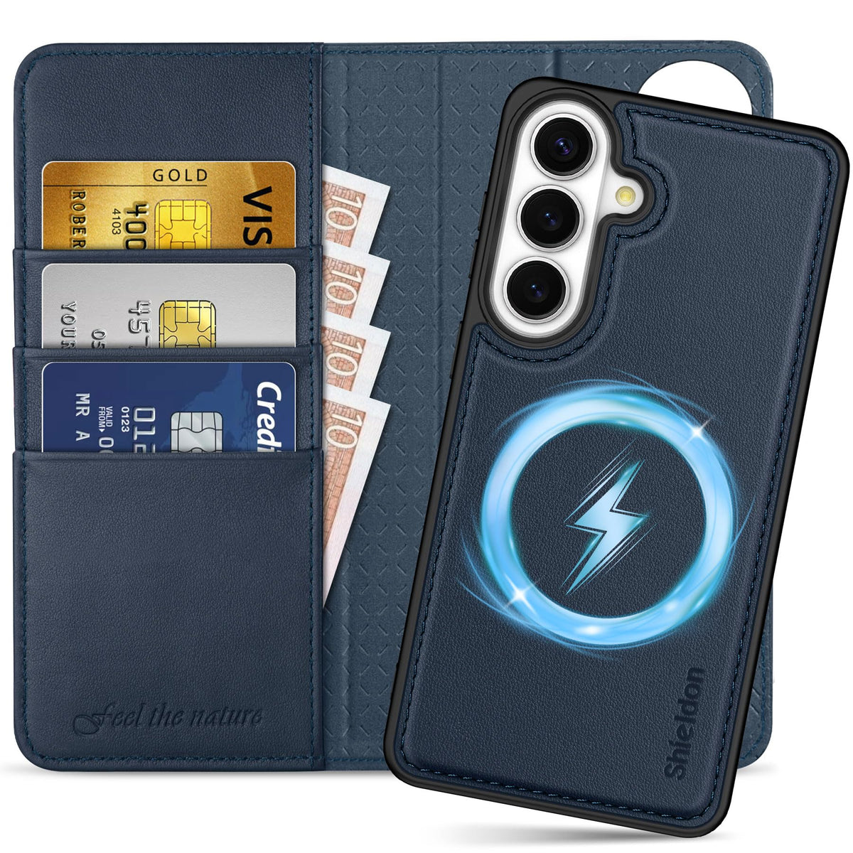 SHIELDON Real Leather Wallet Case for Galaxy S26+ 6.7", Detachable, RFID Blocking Credit Card Slot, Flip Magnetic Closure, Kickstand, Wireless Charging, Removable Shock Absorbing Cover - Navy Blue