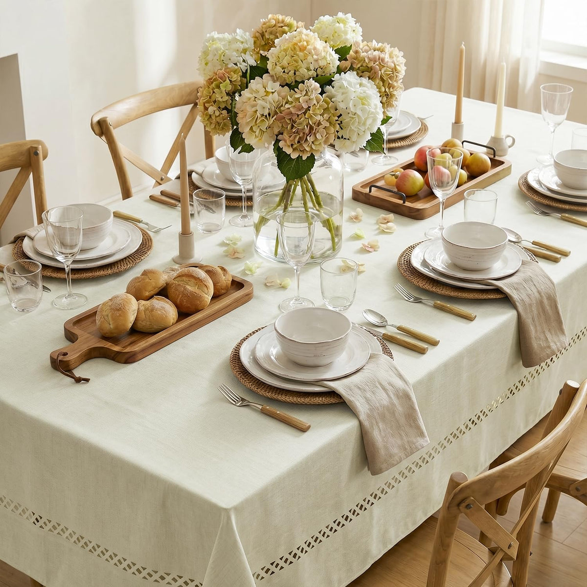 Horaldaily Beige Farmhouse Style Tablecloth with Decorative Cutouts, 60×84 Inch Rectangular Polyester Table Cloth, Wrinkle Resistant Washable Table Cover for Dining Wedding and Outdoor