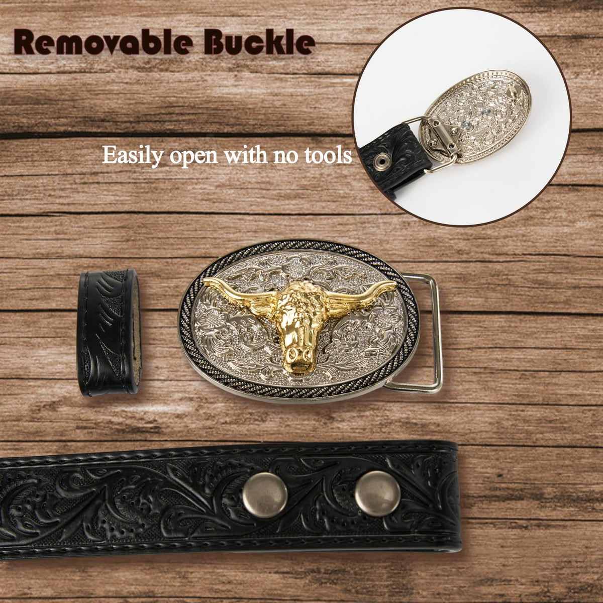 FORTMAC Western Belt–Adjustable Embossed Leather Belt with Longhorn Bull Buckle Black 85cm/33.5"