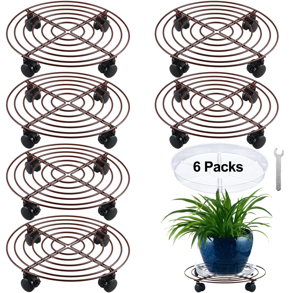 KvyusFlourish 6 Packs Large Metal Plant Caddy with Wheels 13" Rolling Plant Stands Heavy-duty Wrought Iron Plant Roller Base Pot Movers Plant Saucer on Wheels Bronze