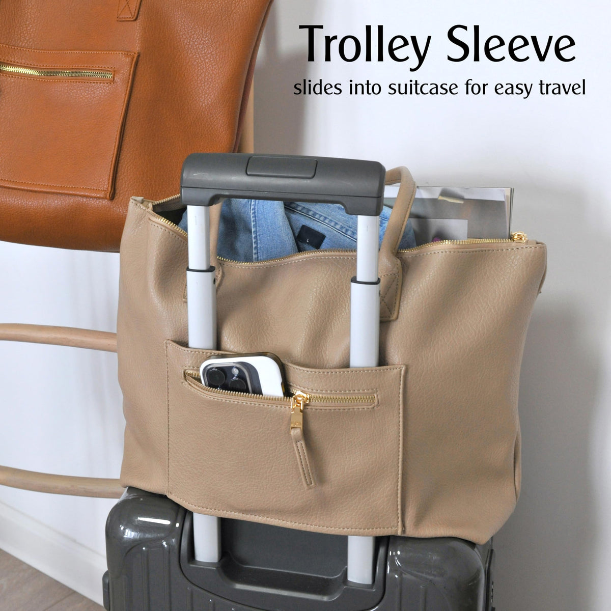 Tote Bag for Women with Zipper Vegan Leather Handbag with Trolley Sleeve Travel Weekender Carryall Bag (Nude)