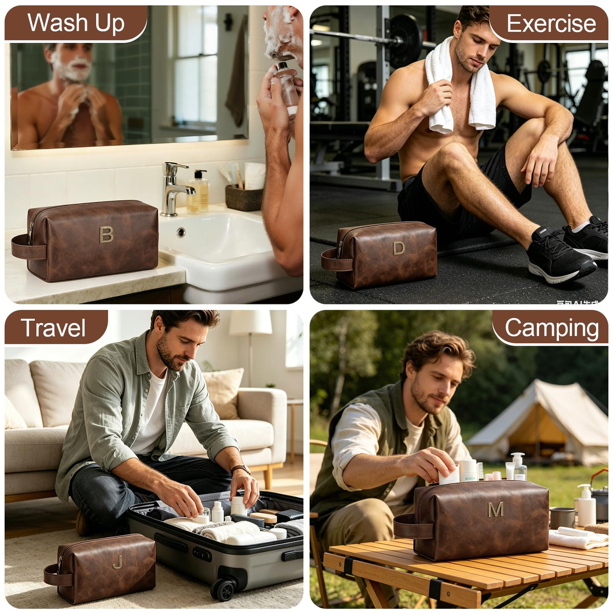 CLOUDWINGS Men’s Father's Day Personalized Gift Initial Travel Toiletry Bag for Him PU Leather Waterproof Shaving Bag for Travel Essentials Birthday Gift for Dad Husband Boyfriend (M)