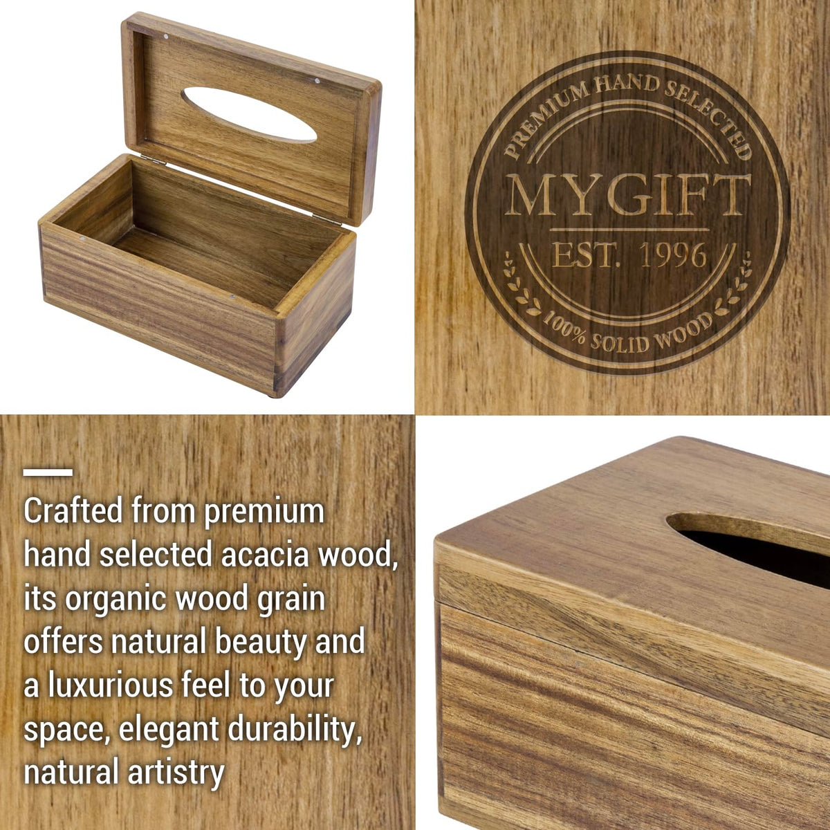 MyGift Premium Acacia Solid Wood Rectangular Tissue Box Holder with Hinged Magnetic Lid, Decorative Bathroom Countertop Facial Tissues Dispenser with Flip Top Cover