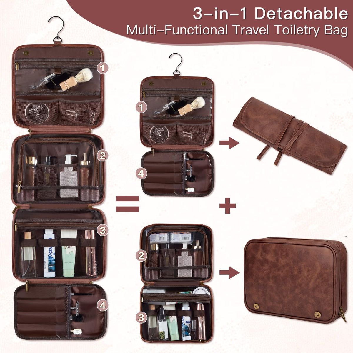 Aganmi Personalized Gifts for Men Hanging Toiletry Bag, Custom Waterproof PU Leather Dopp Kit with Laser Engraved Name, 3-in-1 Detachable Shaving Bag Gifts for Husband Dad Groomsmen Reddish Brown
