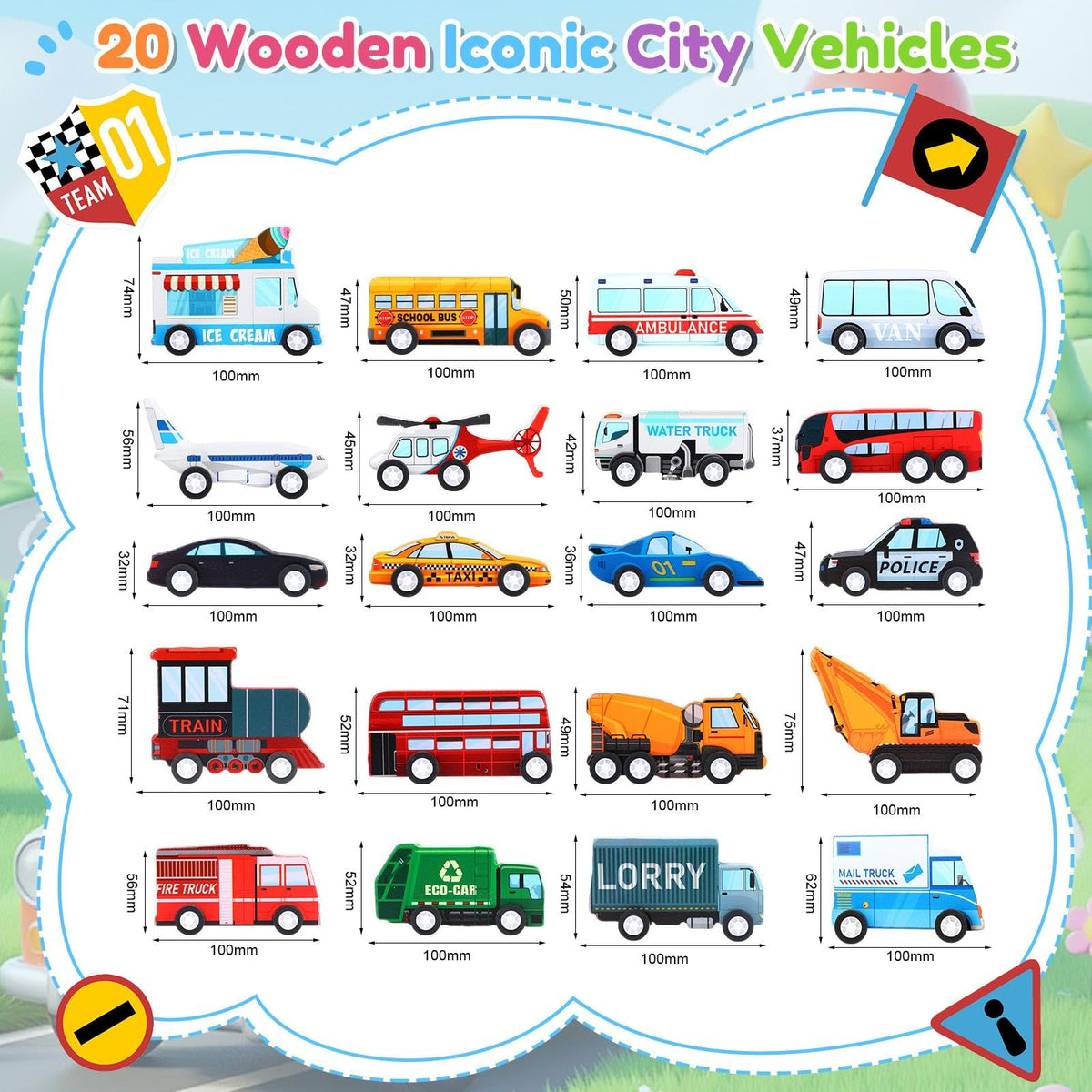 Blosssound 20 Pcs Wooden Car Vehicle Set for Toddlers Wooden Vehicle Community Helpers Toys with Police Fire Trucks Ambulance Car Toys Gift for Kids Preschool Classroom Educational Activity