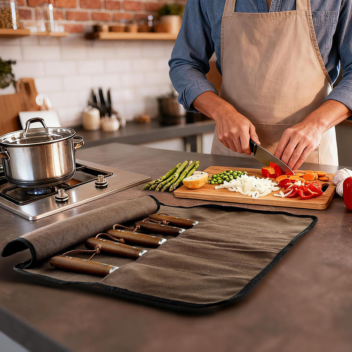 VRUIFA Chef’s Knife Roll Bag, Portable Canvas Cases, Chef Bag With 5 Slots Pockets Can Hold Kitchen Knife Tools Up To 15 Inch