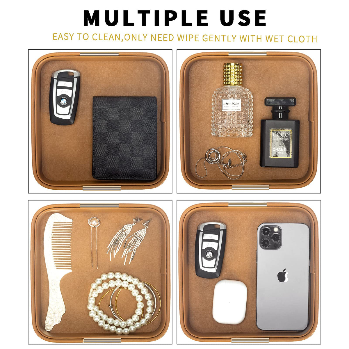 SANZIE Luxury Leather Desktop Storage Small Catchall Organizer Decorative Tray for Entryway Table to Hold Jewelry Watch Cosmetics Keys Phone Wallet, Home & Office Accessories (Metal Gilded, Orange)
