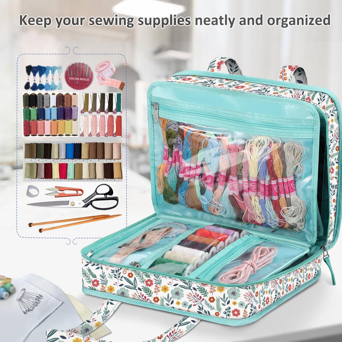 FINPAC Sewing and Craft Supplies Storage Tote, Large Capacity Travel Packing Organizer Bag with Clear Pockets and Handle for Knitting, Crochet, Art, Sewing Accessories (Spring Bloom)
