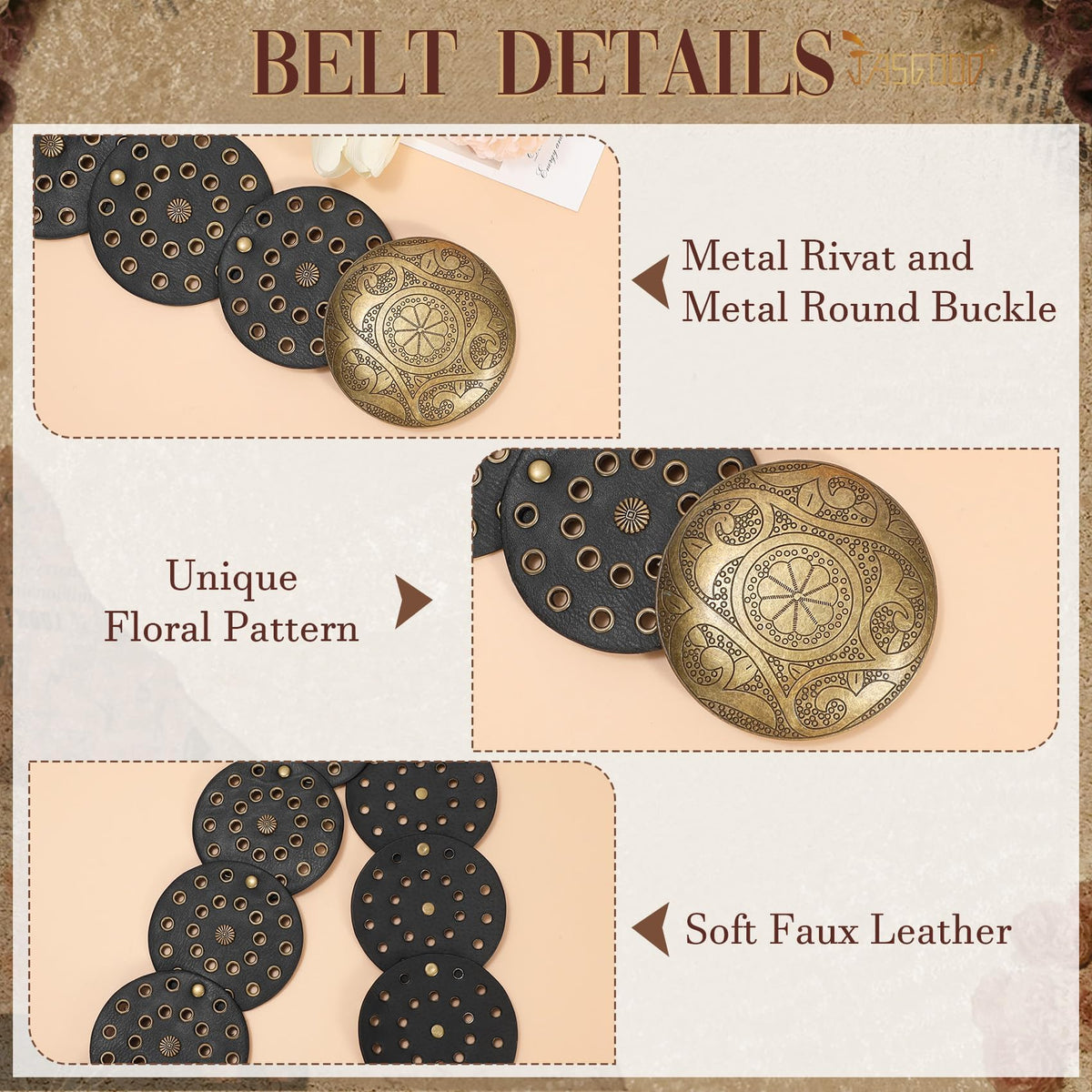JASGOOD Western Belts for Women Wide Hollow Disc Leather Belt Cowgirl Waist Belt for Jeans Dresses with Metal Buckle