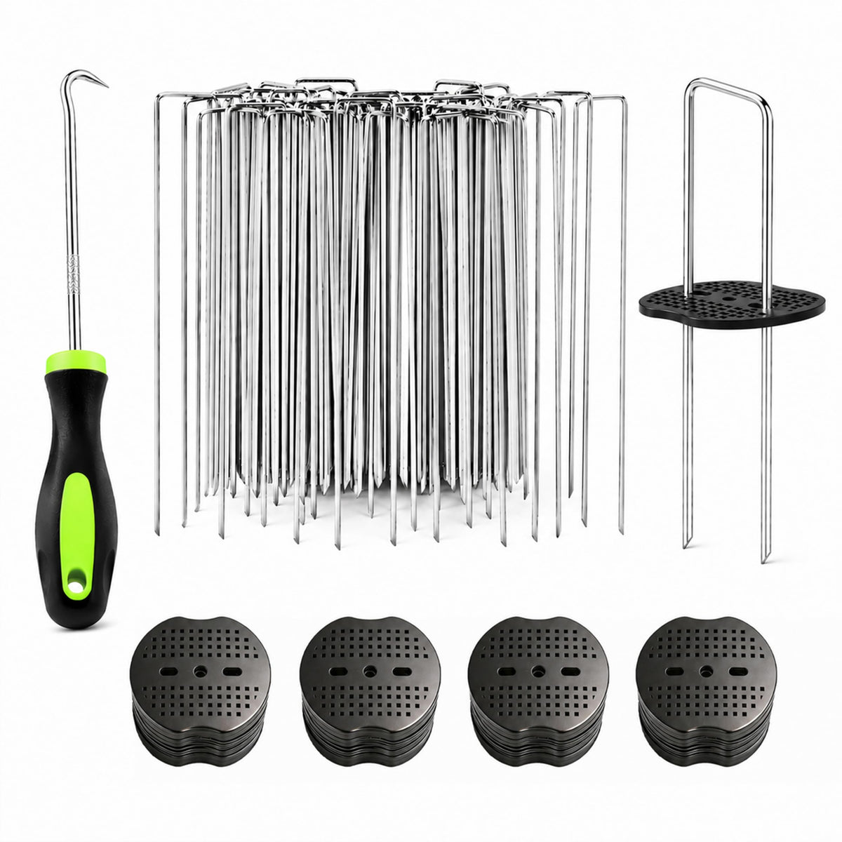 Garden Stakes,6 Inch 11 Gauge 50pcs Galvanized Landscape Staples + 50pcs Gaskets + 1Pick Hook, U-Shaped Heavy Duty Ground Stakes for Weed Barrier Fabric, Turf, Sod, Ground Cover