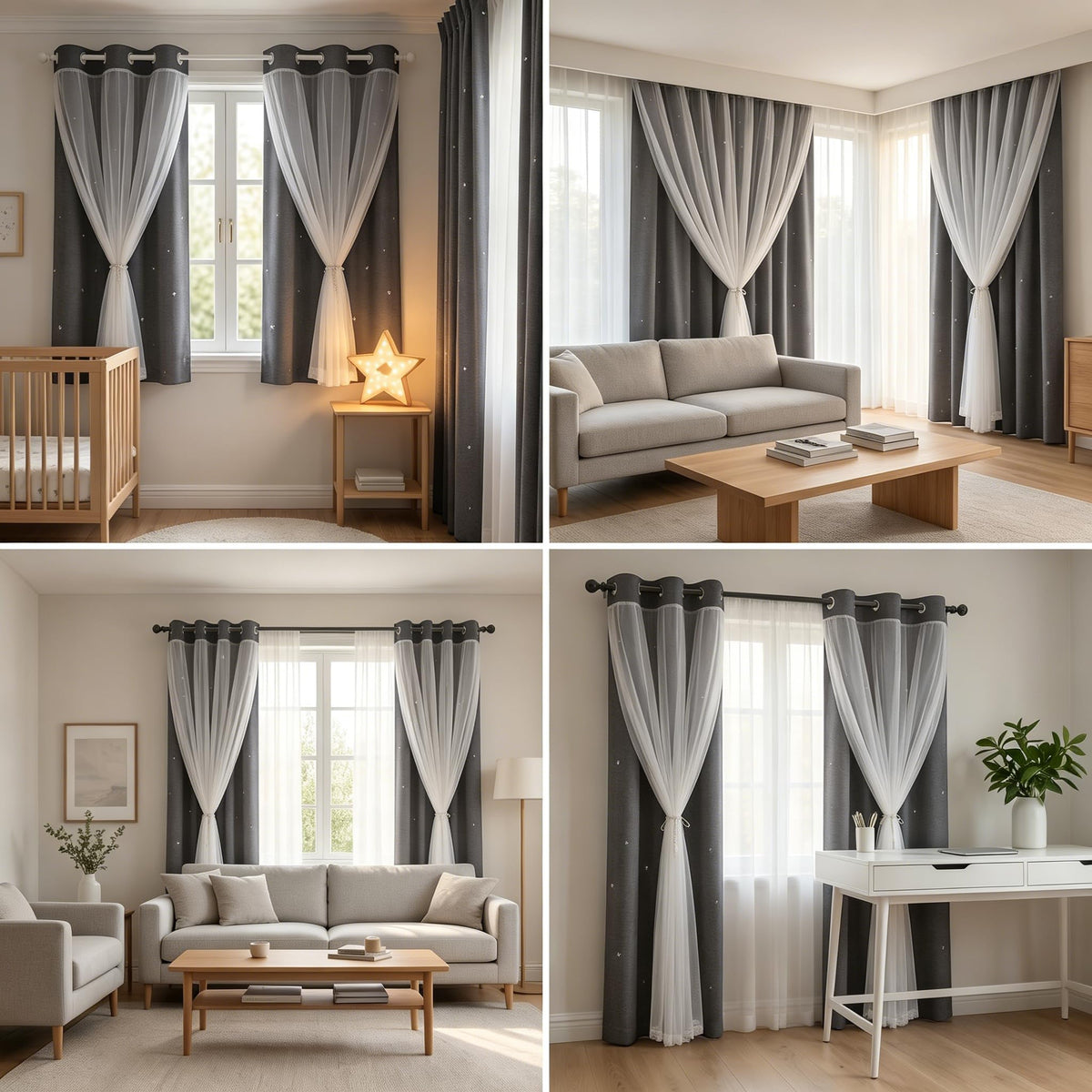 Kinryb Grey Star Curtains for Bedroom Star Hollow Out Blackout Curtains for Kids Room Decor Double Layer Cut Out Window 2 Panel with Tiebacks 52W x 84L Grey