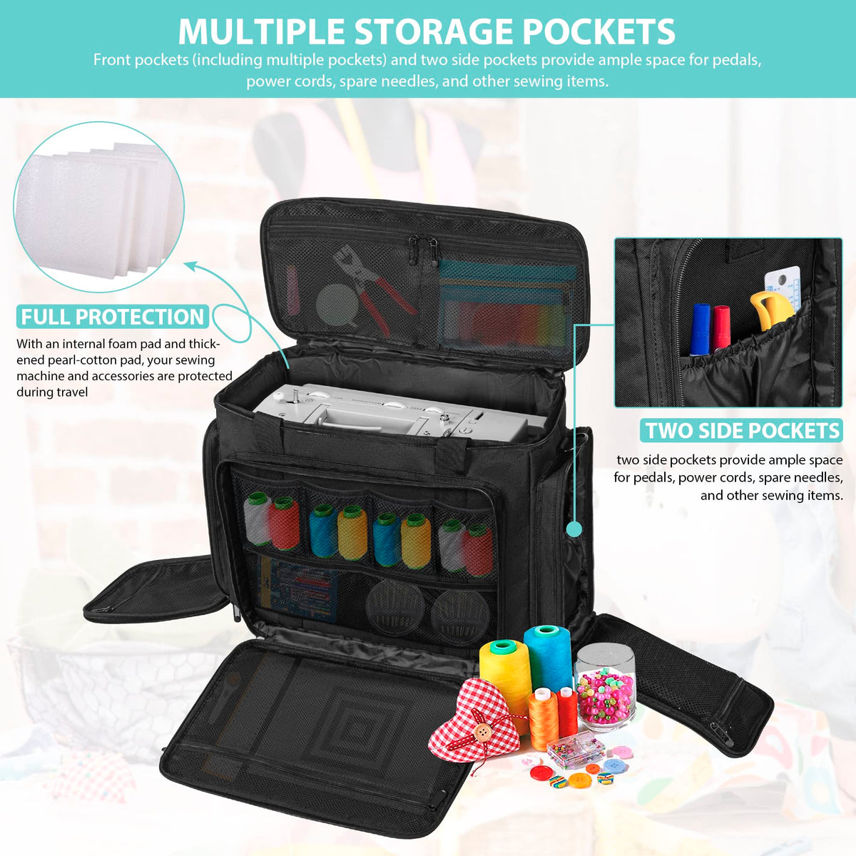 ITHWIU Sewing Machine Carrying Case with Multiple Storage Pockets Large Capacity, Universal Tote Storage Bag Compatible with Most Standard Singer, Brother, Janome