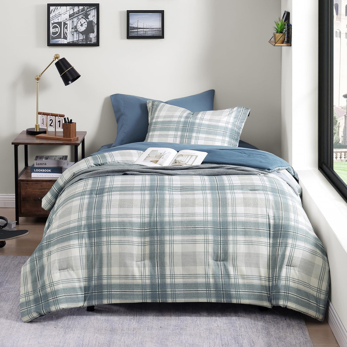 AMBERSPACE Twin XL Comforter Set, Blue Grey Plaid Bedding Set 5 Piece for Boys Girls Teen, Classic Homestead-Style Kids Comforter Set Bed in A Bag with Sheets, Pillowcase & Sham