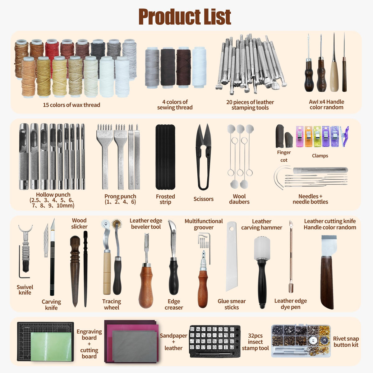 Runfider Leather Working Tool Set 588PCS Professional Leather Craft Tools Kit for Beginners with Carving Cutting Punching Sewing & Stamping Tools Leatherworking Kit for Handicraft DIY