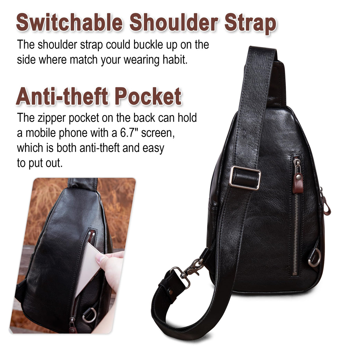 Genuine Leather Sling Bag for Men and Women Crossbody Shoulder Bag Sling Backpack Chest Purse Carry on Casual Daypack(Black)