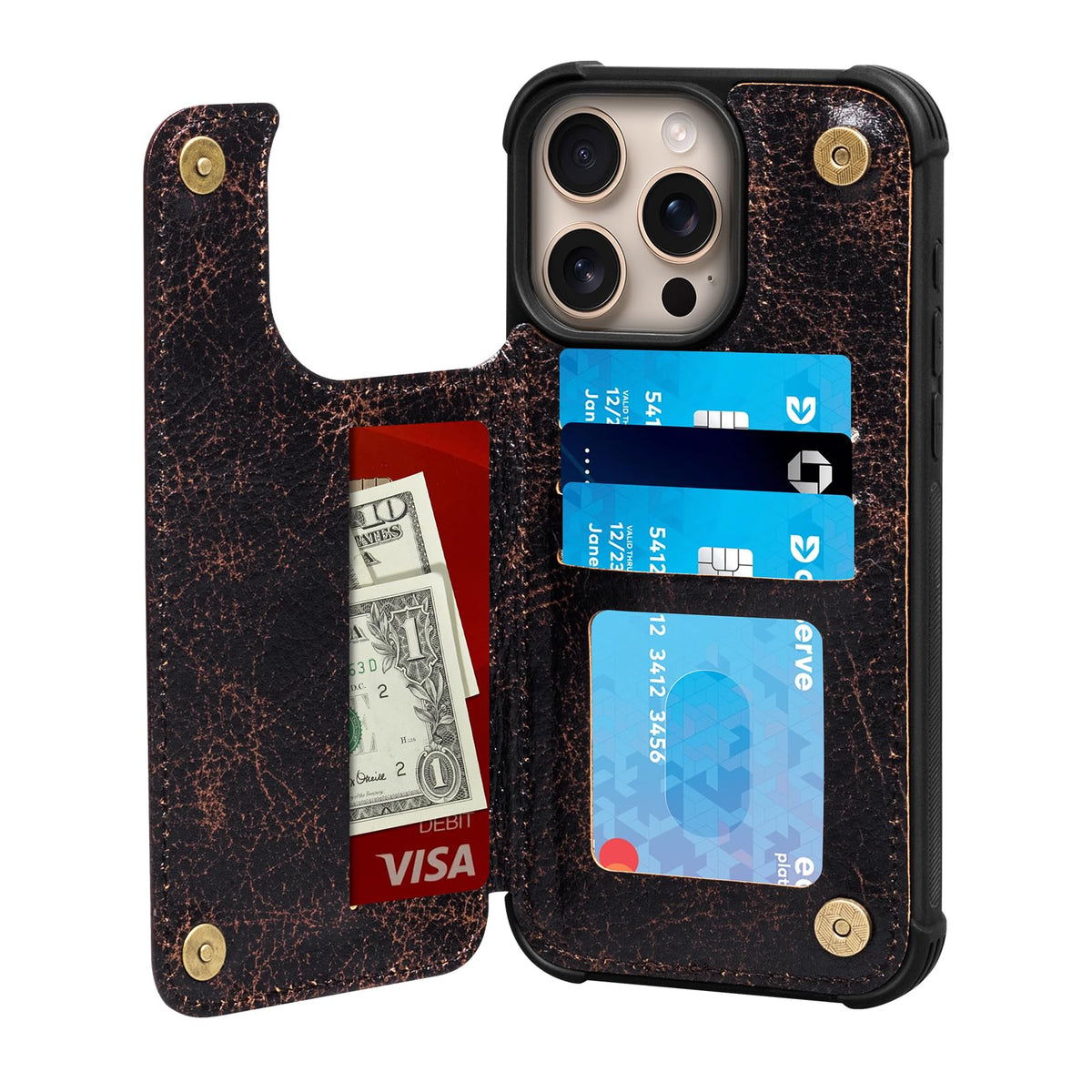 RMAWRAD Wallet Real Leather Case Compatible with iPhone 15 Pro Max 6.7",Genuine Leather，Shockproof, Anti-Fall Case, Flip Cover, with Card Slot, Double Magnetic Buckle, Kickstand, Coffee