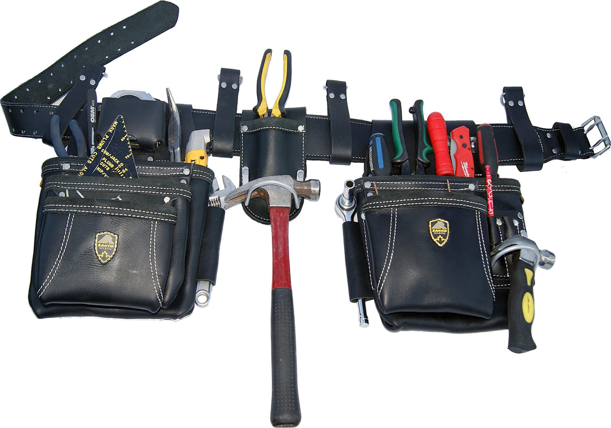 ZAKCO PRO-19 Genuine Grain Leather Multi Pockets Construction Tool Rig, Carpenter Tool Belt, 2 Leather Tool Pouches, Pro Style Tool Belt for Framers, Handyman, Drywall & Roofers (BLACK, Full Size)