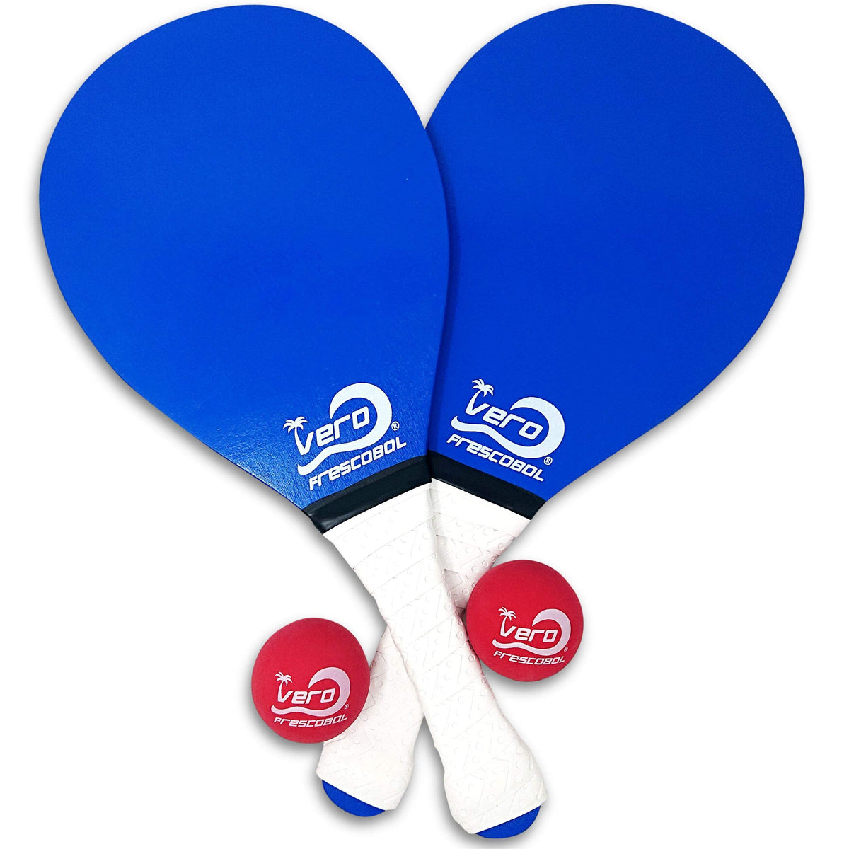 Frescobol Starter Set – 2 Vero Wood Beach Paddles with Premium White Padded Grips, Neoprene Carry Case, 2 Official Red Balls