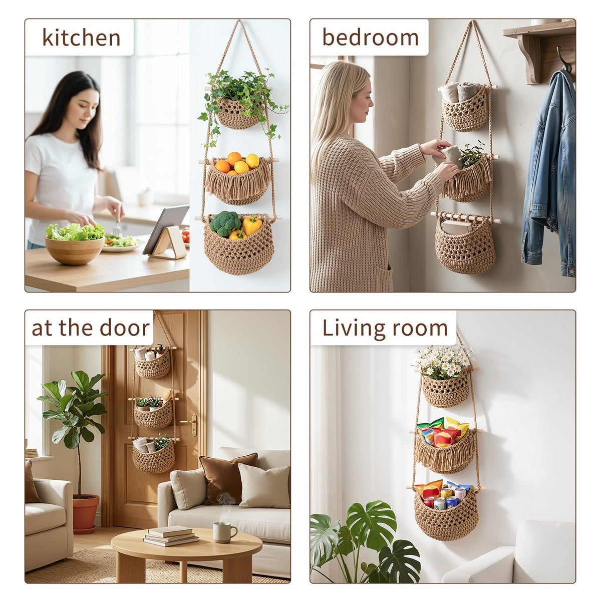 SFSSCDF 3 Tier Hanging Fruit Basket for Kitchen, Macrame Produce Hammock for Potato and Onion Storage, Handwoven Cotton Rope Wall Hanging Vegetable Baskets, Boho Kitchen Decor & Space Saver