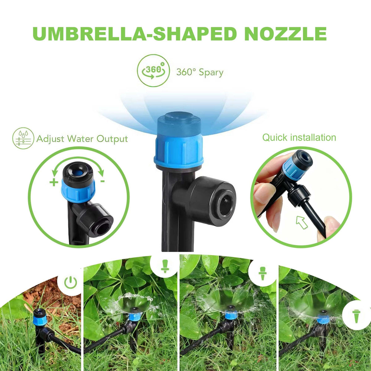 Torioweg Drip Irrigation System, 3/4" Brass Connector Garden Watering System Kit with Adjustable 360° Umbrella & Drip Emitters for Greenhouse, Garden Grid, Lawn, Potted Plant (16FT+ 79FT)