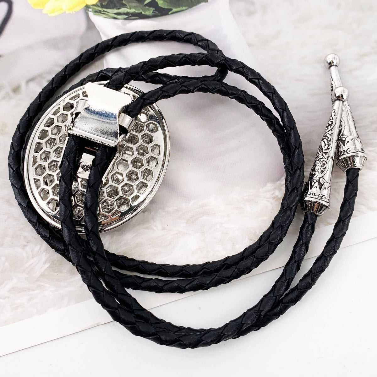 SELOVO Western Statement Big Grey Rhinestone Native American Large Bolo Tie for Men Genuine Leather