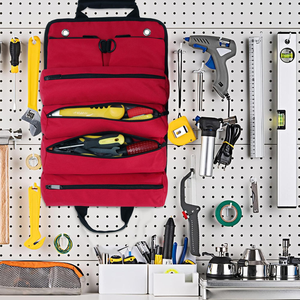 W WINTMING Tool Roll Bag, Tool Bag Organizer, Tool Carrier Roll UP Storage Pouches with 6 Zipper Pockets & Strap, Gifts for Men Mechanic Electrician Hobbyist (Red)