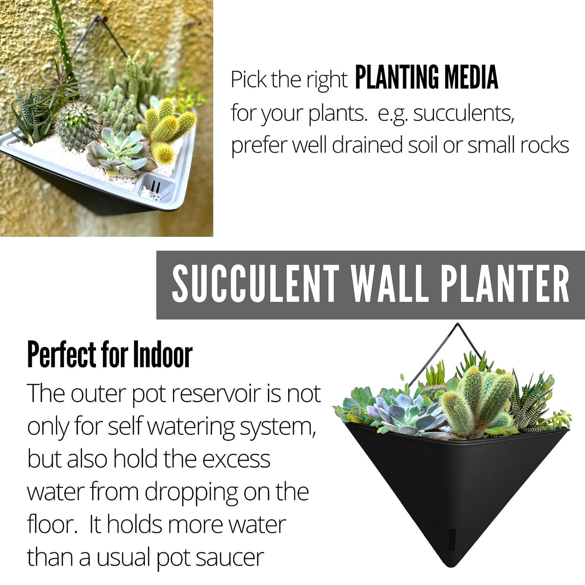 LaLaGreen Bundle - 12" x 4 Pack Black + 12" x 2 Pack White Large Self Watering Geometric Hanging Flower Vase Vessel with Metal Hanger, Modern Stylish Wall Mounted Succulent Pot Holder Decor