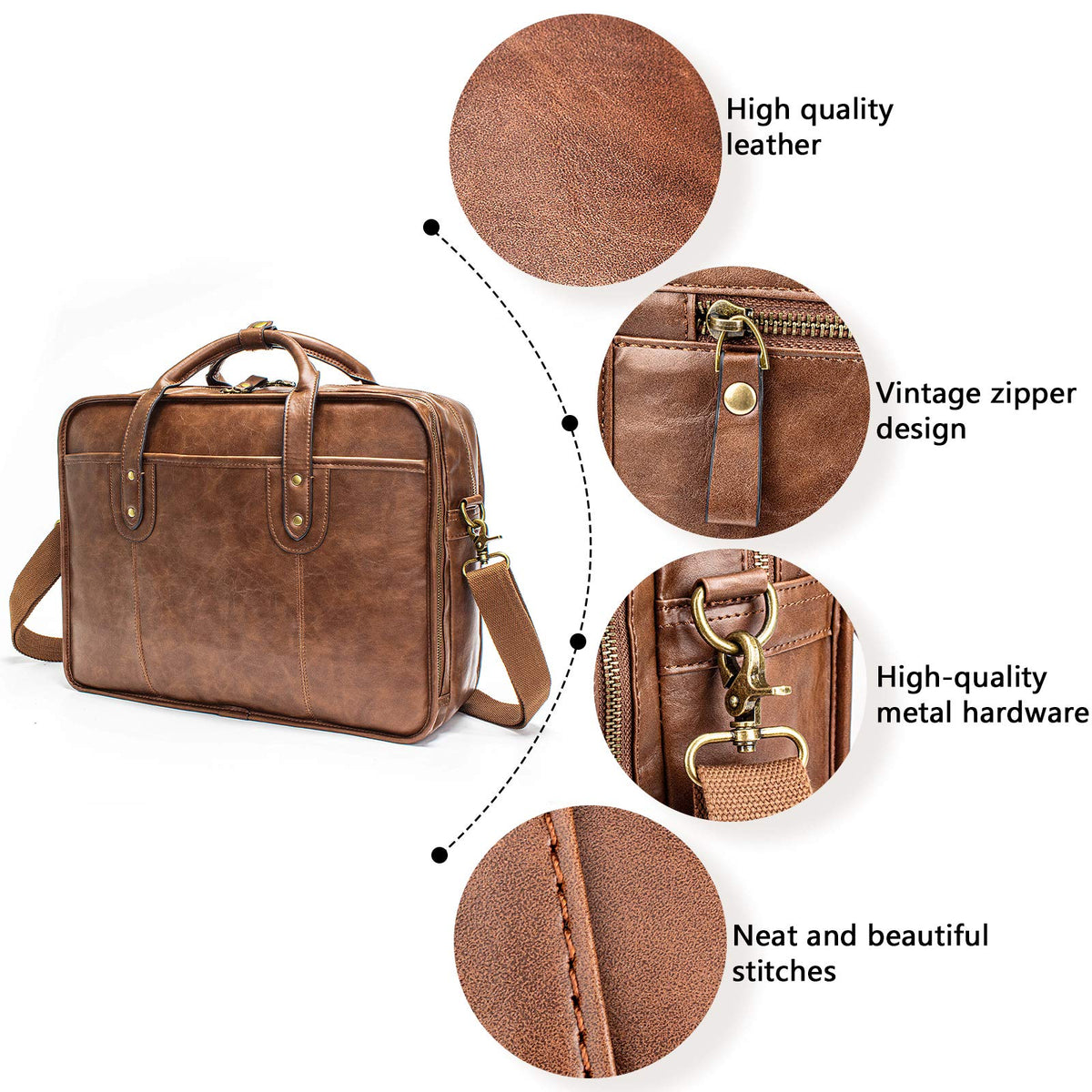 Leather Briefcase for Men - 15.6 Inch Business Laptop Bag - Water Resistant Vintage Messenger Bag - Brown