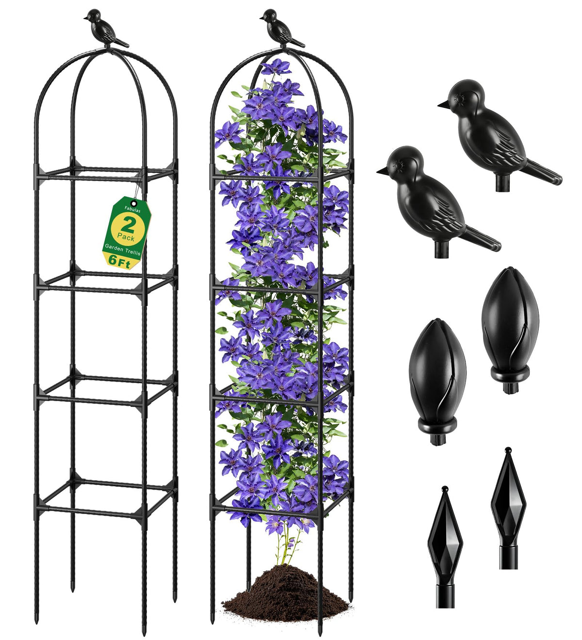 Fabulas Garden Obelisk Trellis for Climbing Plants Outdoor, 6 Ft Rustproof Plastic Coated Metal Vine Plant Trellis Support for Pots, Wisteria, Morning Glory, Clematis, Jasmine, Rose, Tomato, 2 Pack