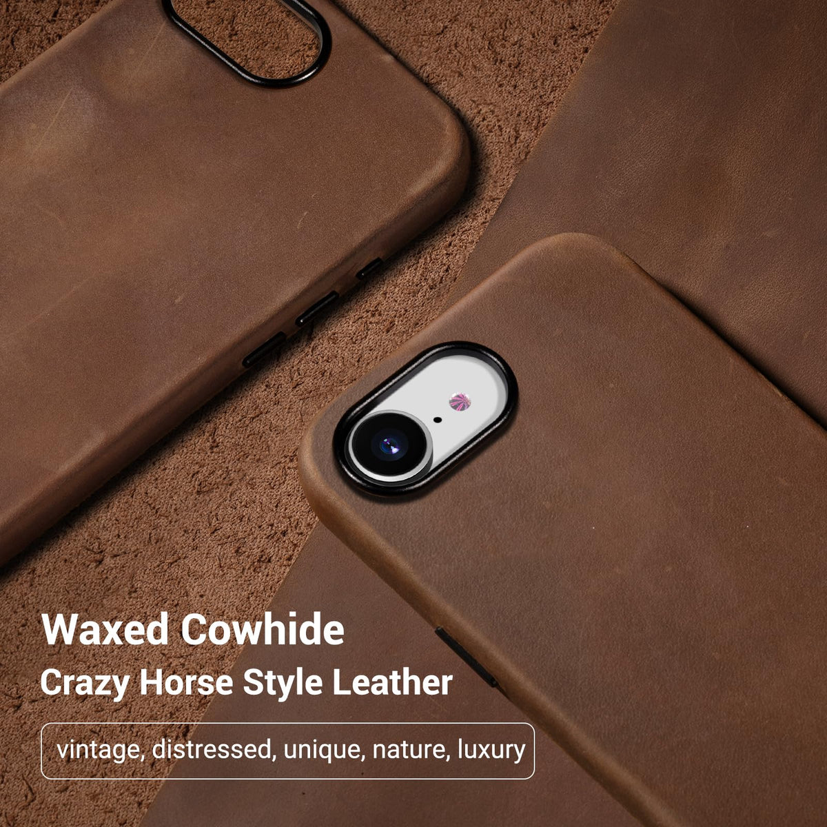 Belemay Handcrafted Crazy Horse Leather Case for iPhone 17e / iPhone 16e, Compatible with MagSafe, Vintage Aesthetic, Two-Tone Effect, Unique Patina, Metal Buttons Cover (6.1"), Vintage Brown