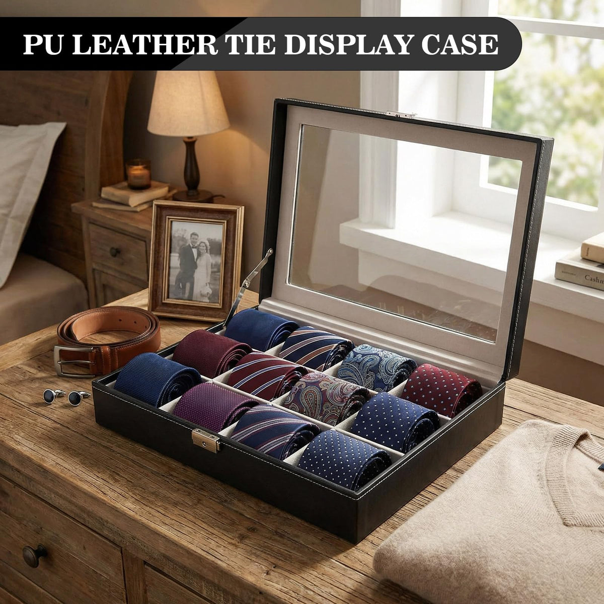 AceOrbit Luxury Tie Display Case with Glass Lid – 12 Slot Organizer for Men's Ties, Belts & Accessories, Lockable Dresser Storage Box, Elegant Gift for Husband or Father