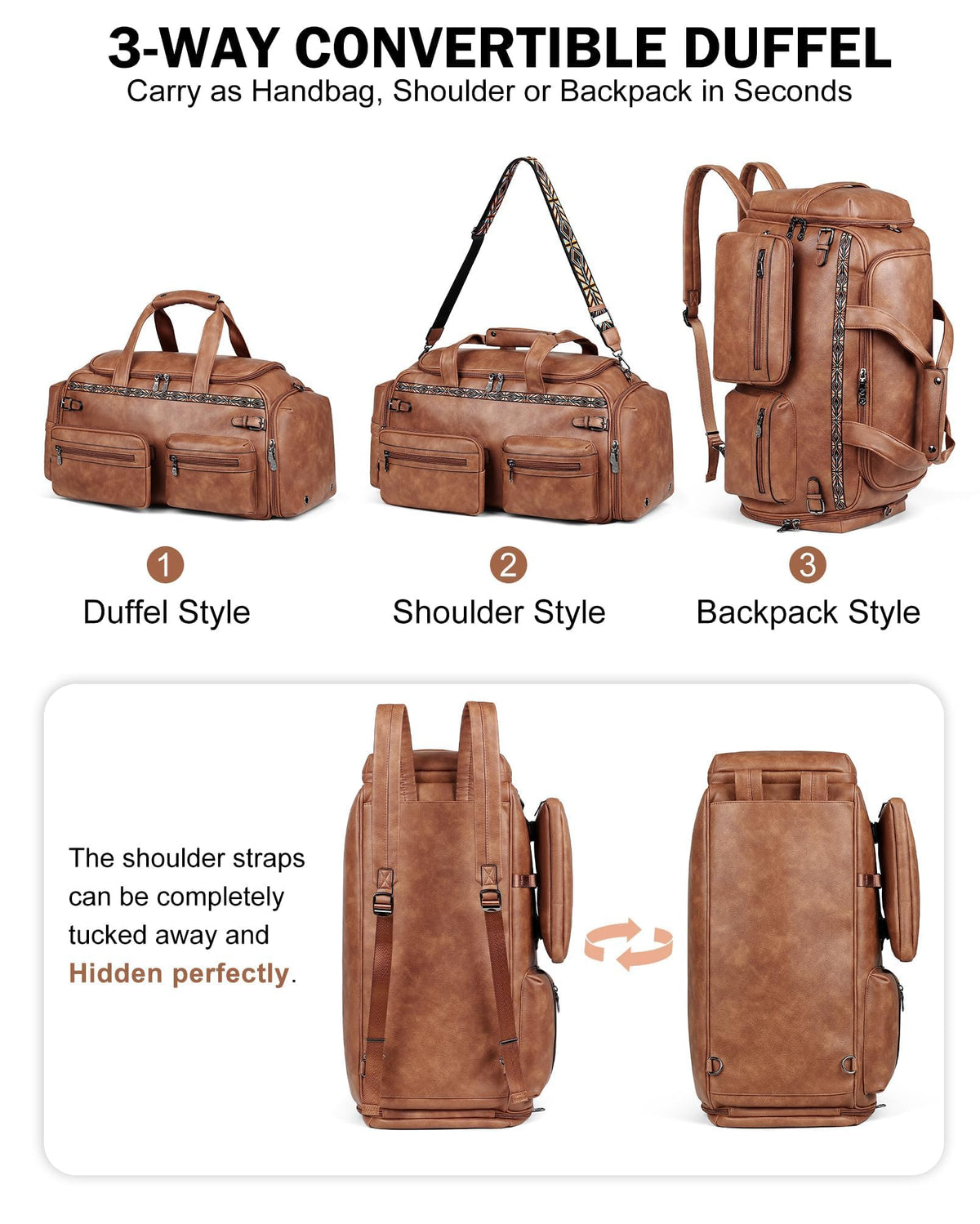 FADEON Duffle Bag for Women, Large Convertible Carry on Overnight Backpack, Designer Leather Mens Weekend Bags for Travel