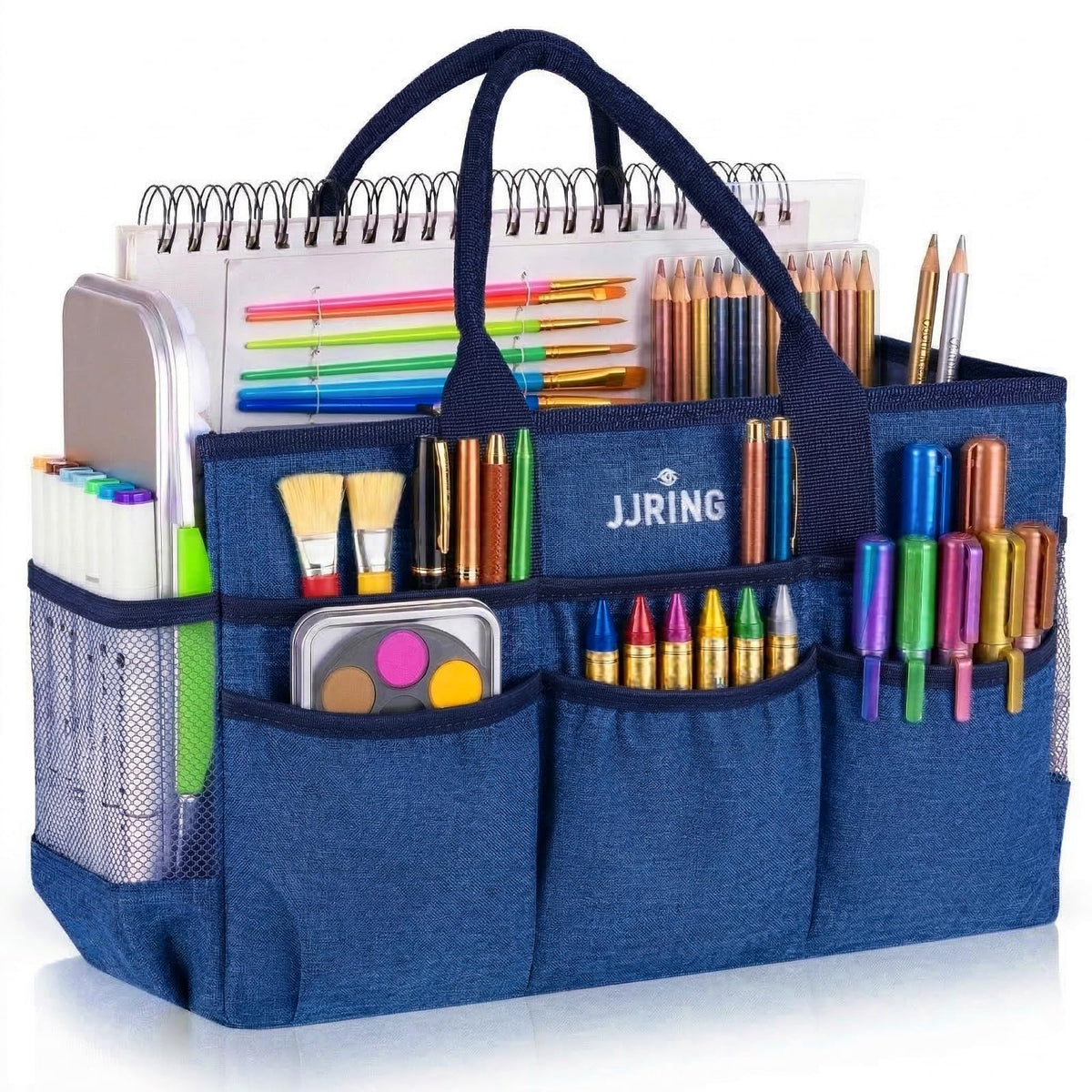 JJRING Large Art Supply Storage Tote Bag With 2 Mesh Side Pockets & Front Elastic Pockets – Sturdy Craft Organizer Caddy with Reinforced Bottom For Sewing, Scrapbooking, Teachers & Artists(Blue)